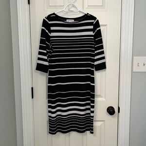 Liz Claiborne Women's Black White Striped Midi Dress Sz Medium Office Casual‎